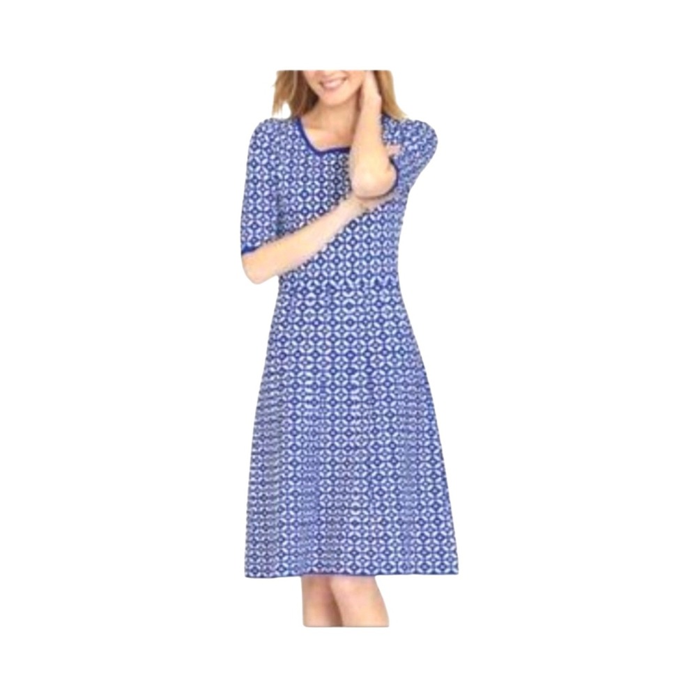 Talbots‎ Petite SP Grecian Jacquard Royal Blue White Geo Fit Flare Sweater Dress